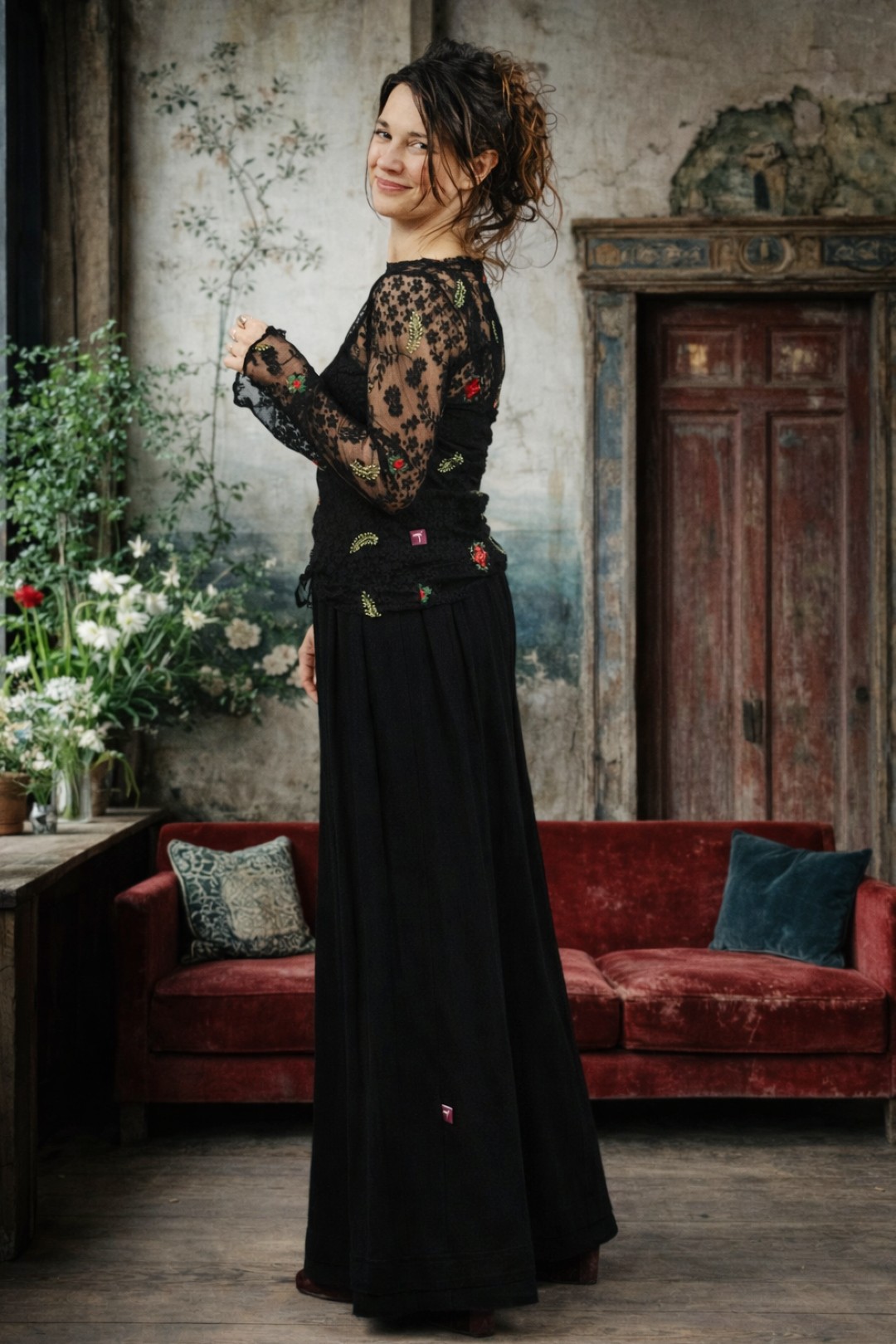 Manu zwarte wijde broek katoen