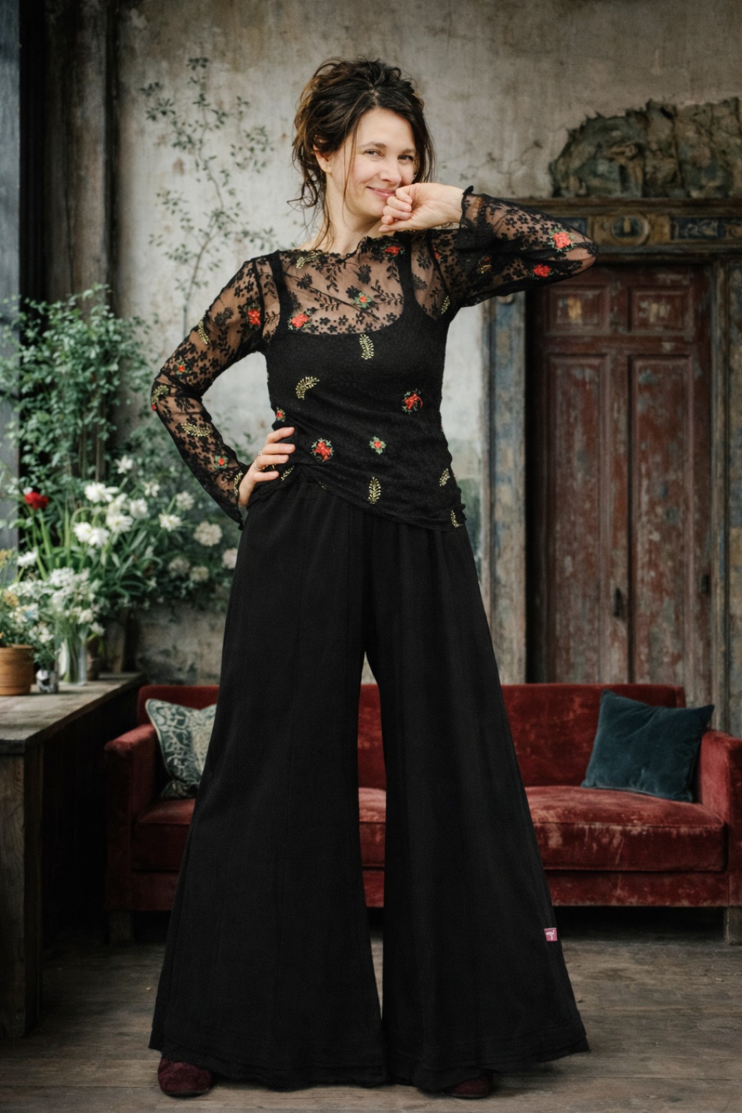 Manu zwarte wijde broek katoen