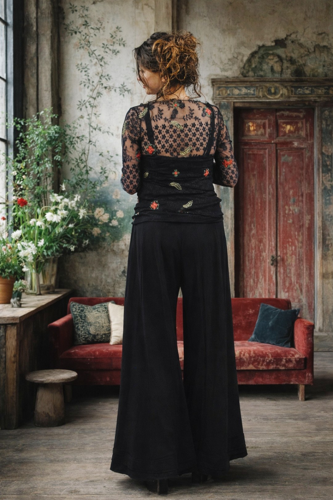 Manu zwarte wijde broek katoen