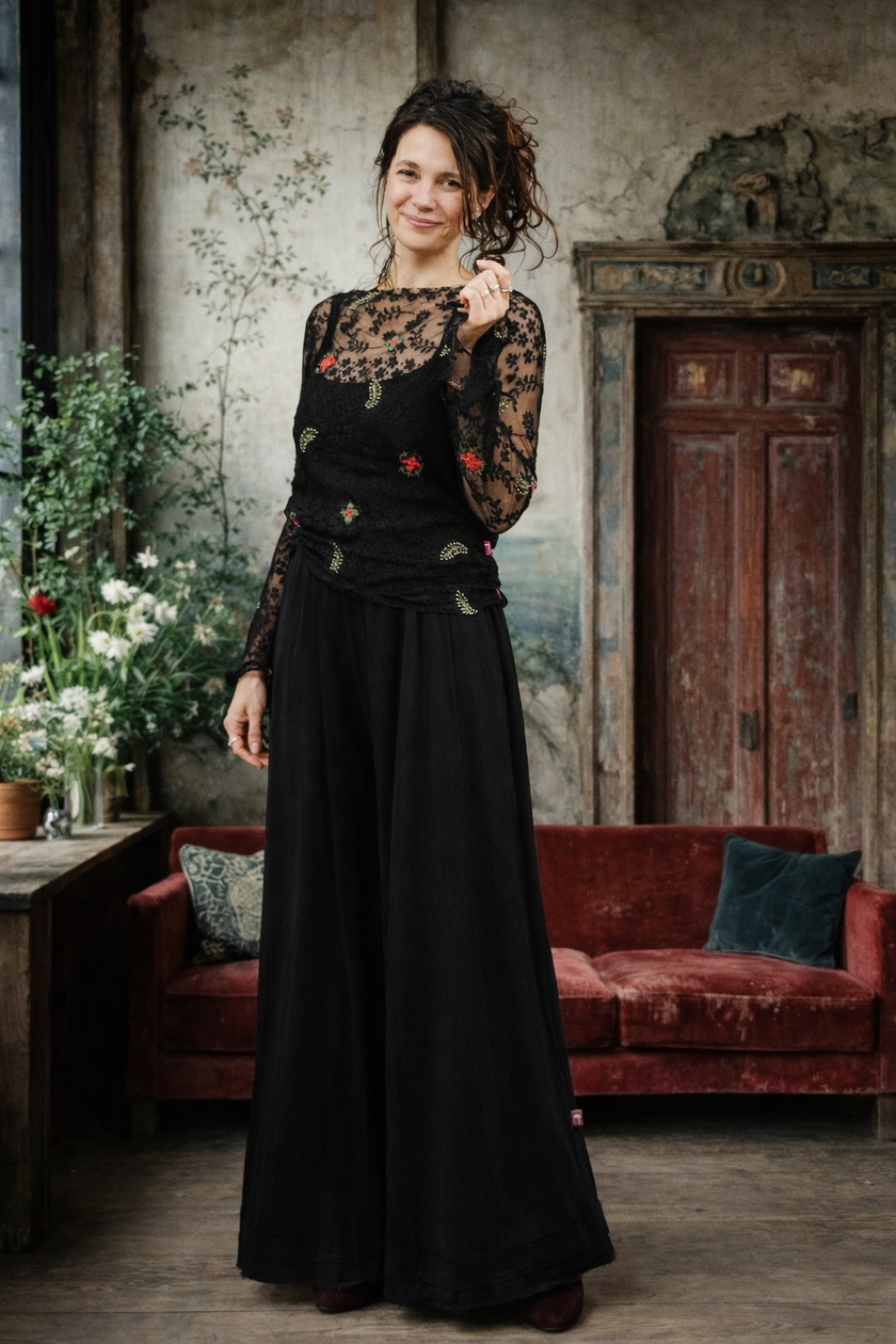 Manu zwarte wijde broek katoen